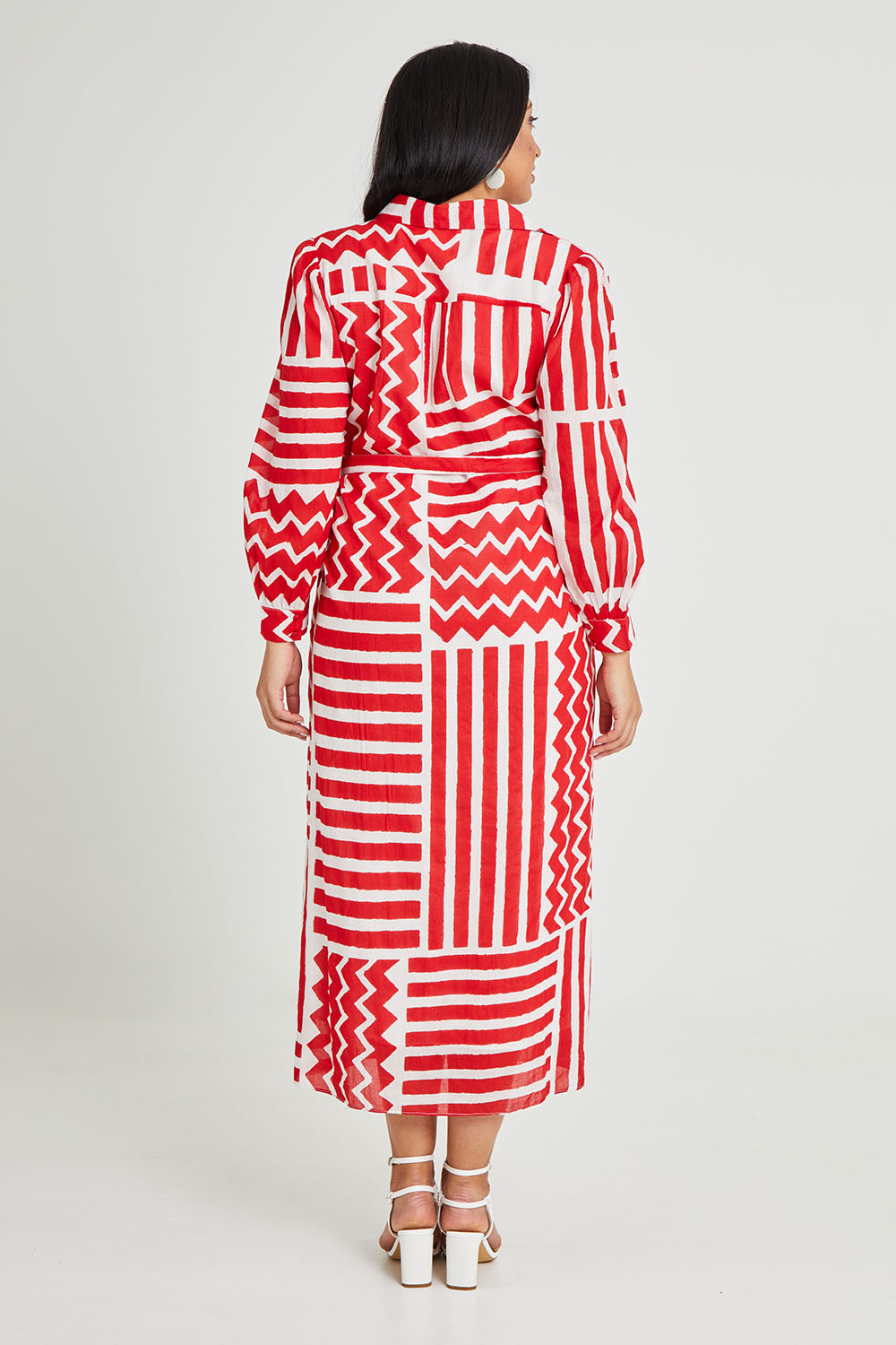 Model Terri-Leigh wearing size 14 of the Abby Shirt Dress in colour Patchwork (Red), from the back