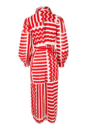 Product shot of the Abby Shirt Dress in colour Patchwork (Red), from the back