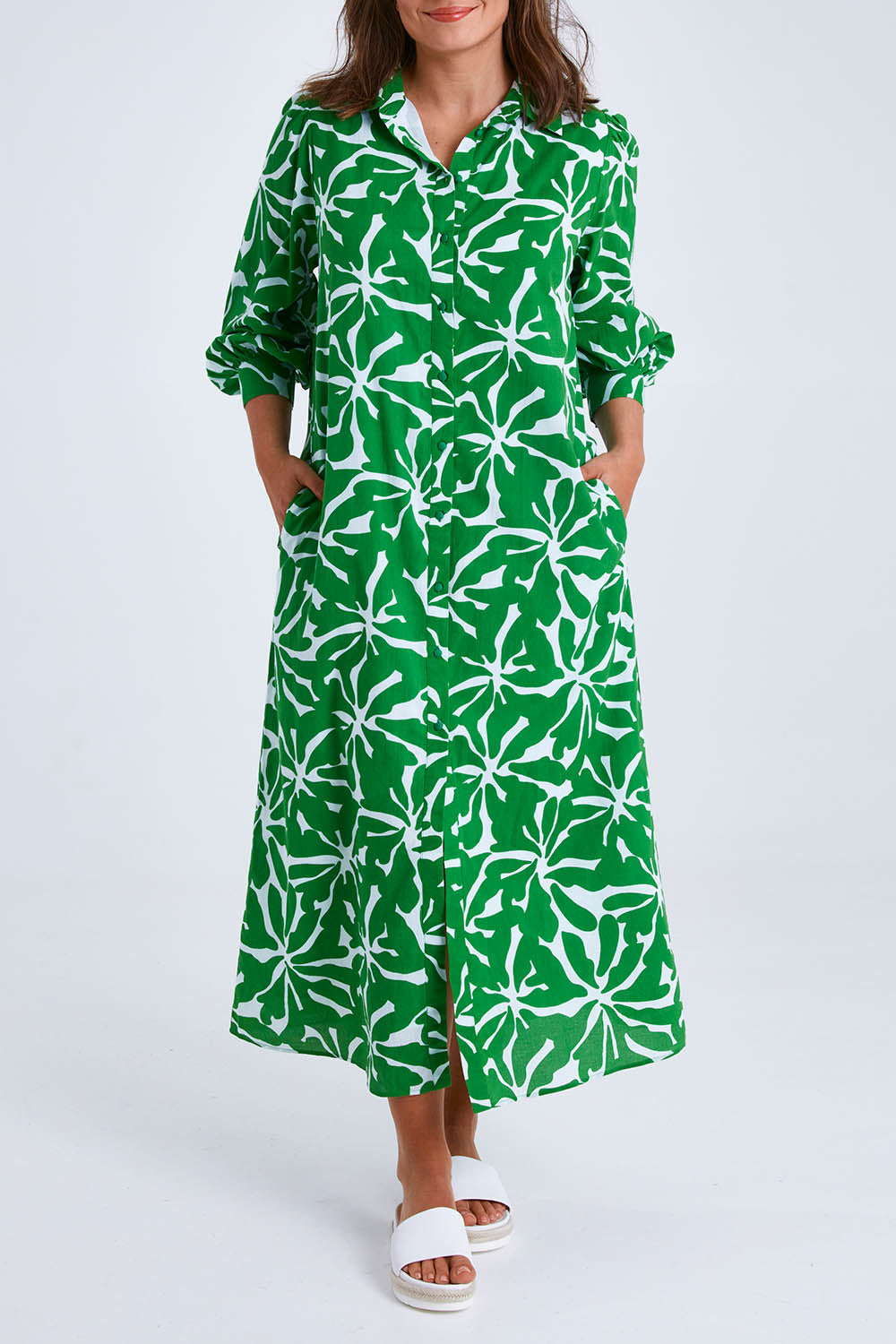 Model Monique wearing size 14 of the Abby Shirt Dress in colour Zinnia (Green), from the front, cropped image