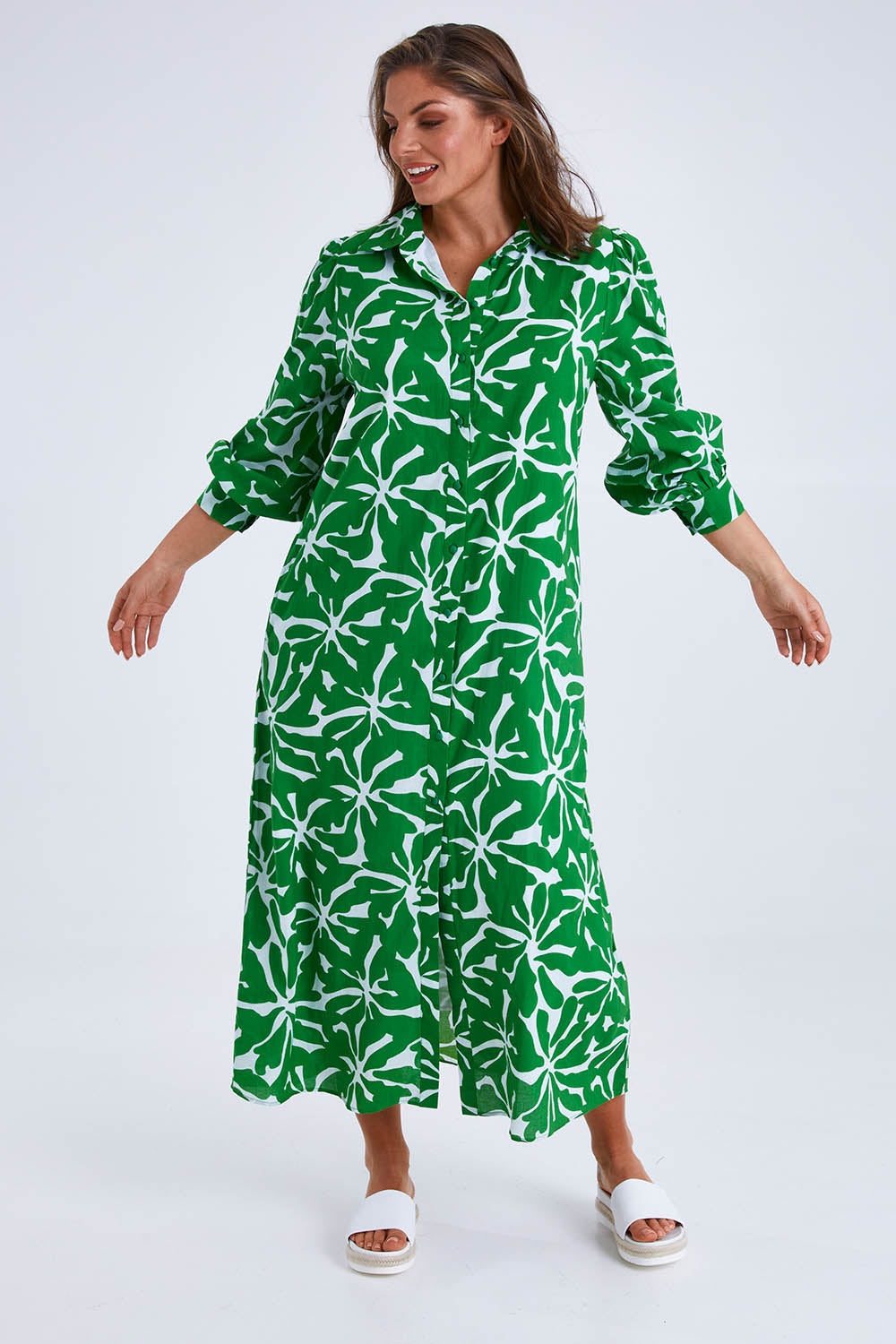 Model Monique wearing size 14 of the Abby Shirt Dress in colour Zinnia (Green), from the front, showing the whole outfit