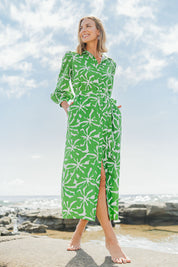Model Phoebe wearing size 10 of the Abby Shirt Dress in colour Zinnia (Green), from the front, showing the whole outfit