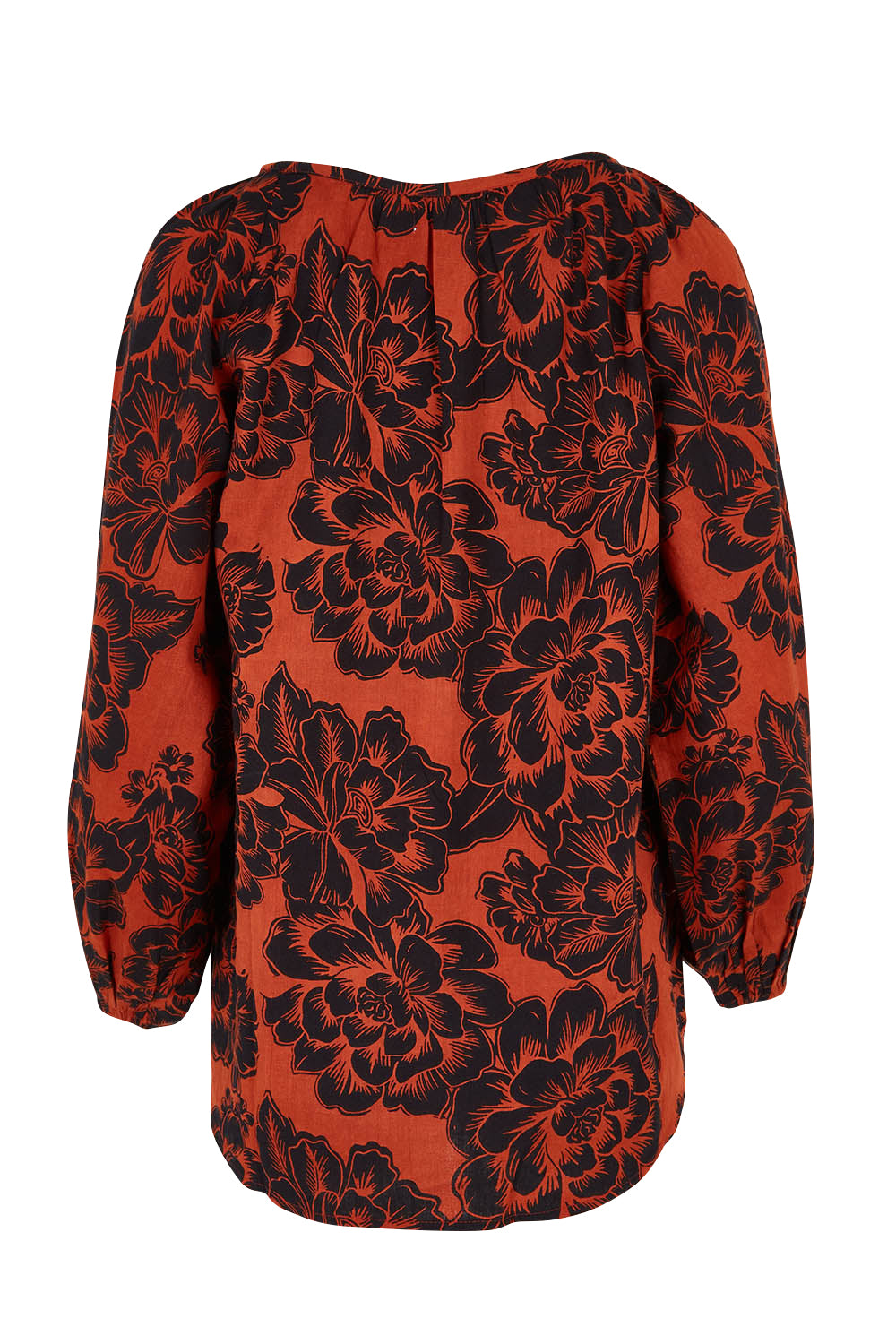 Product shot of the Jess Blouse in colour Blooming (Black), from the back