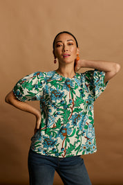 Model Katie wearing size 10 of the Rachel Cotton Top in colour Thistle, from the front, showing the whole outfit
