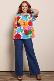 Model Georgiel wearing size 10 of the Rachel Cotton Top – Botanix in colour Botanix, from the front