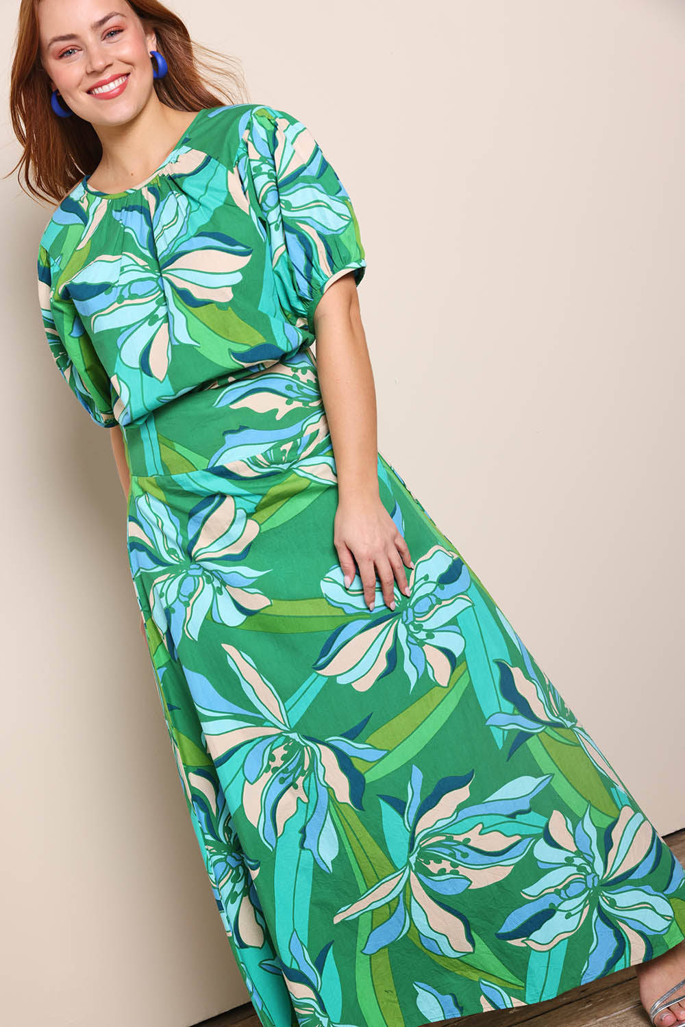 Model Georgiel wearing size 10 of the Rachel Cotton Top – Petalrush in colour Petalrush, from the front