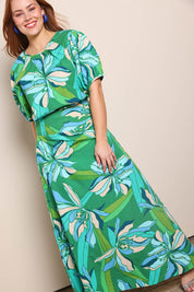 Model Georgiel wearing size 10 of the Rachel Cotton Top – Petalrush in colour Petalrush, from the front