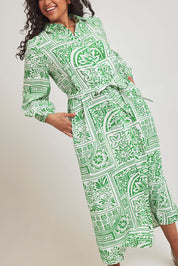 Model Terri-Leigh wearing size 14 of the Lucy Shirt Dress in colour Labyrinth (Green), from the front, cropped image