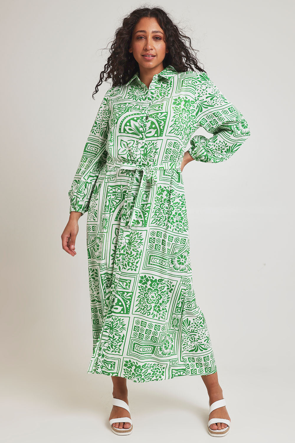 Model Terri-Leigh wearing size 14 of the Lucy Shirt Dress in colour Labyrinth (Green), from the front, showing the whole outfit