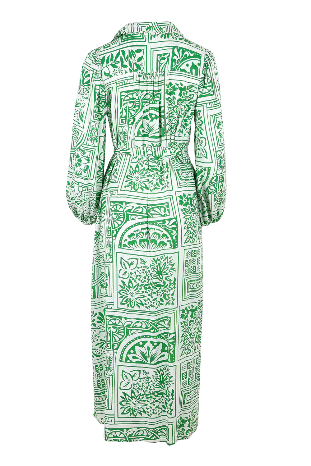 Product shot of the Lucy Shirt Dress in colour Labyrinth (Green), from the back