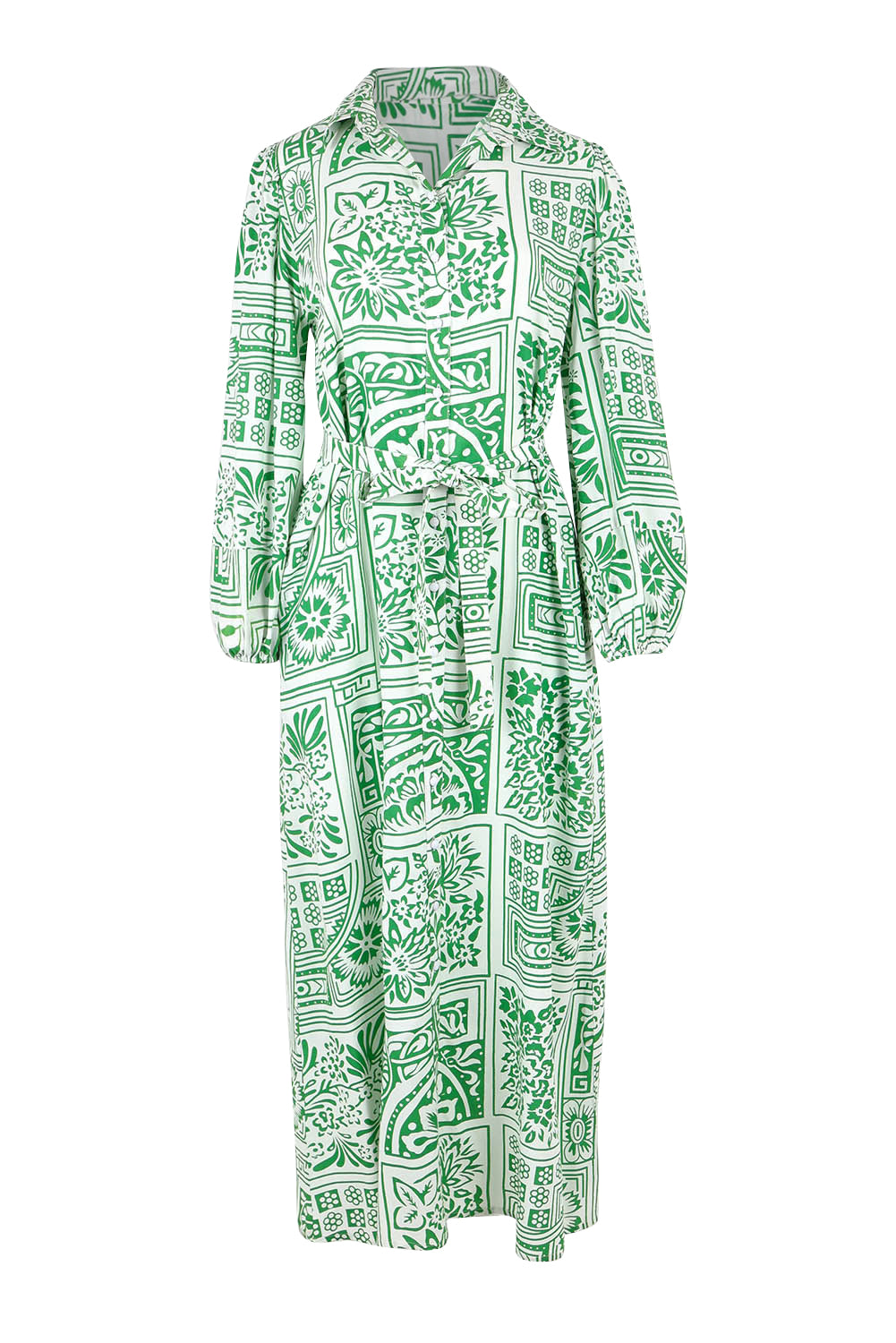 Product shot of the Lucy Shirt Dress in colour Labyrinth (Green), from the front