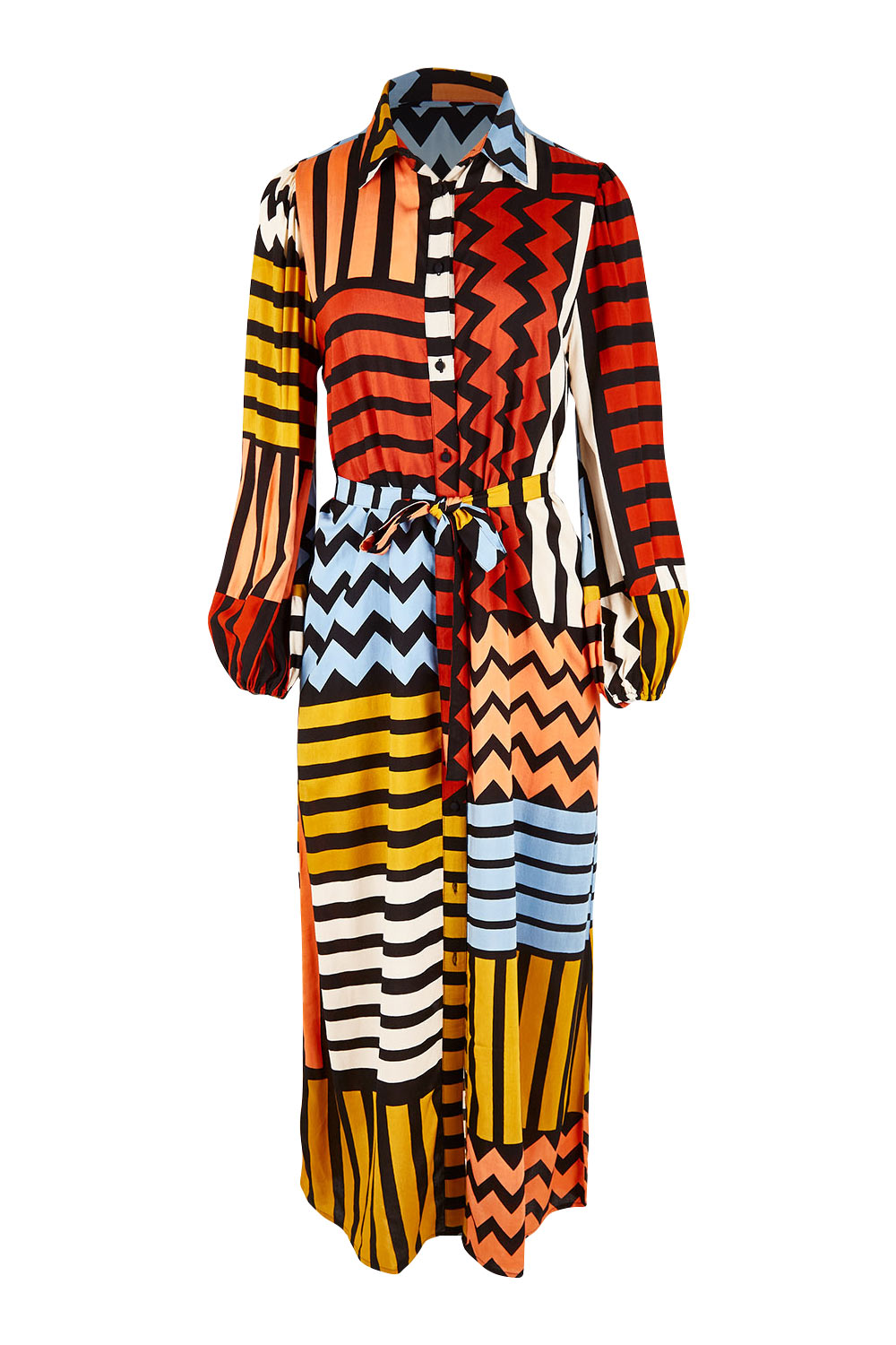 Product shot of the Lucy Shirt Dress in colour Lines (Black), from the front