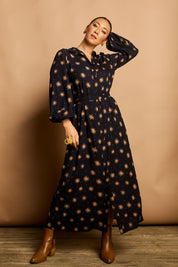 Model Katie wearing size 10 of the Lucy Shirt Dress in colour Nightsky (Blue), from the front, showing the whole outfit