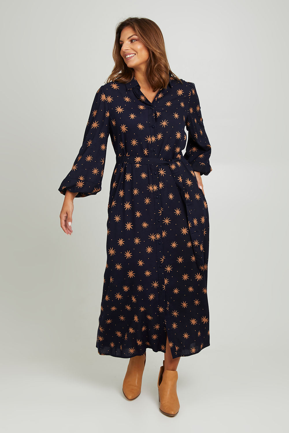 Model Monique wearing size 14 of the Lucy Shirt Dress in colour Nightsky (Blue), from the front, showing the whole outfit