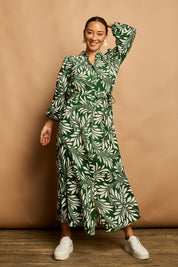 Model Katie wearing size 10 of the Lucy Shirt Dress in colour Swirl (Green), from the front, showing the whole outfit