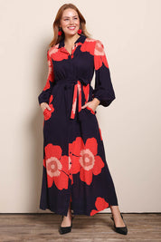 Model Georgiel wearing size 10 of the Lucy Maxi Shirt Dress – Boldflower in colour Boldflower, from the front