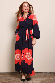 Model Georgiel wearing size 10 of the Lucy Maxi Shirt Dress – Boldflower in colour Boldflower, from the front
