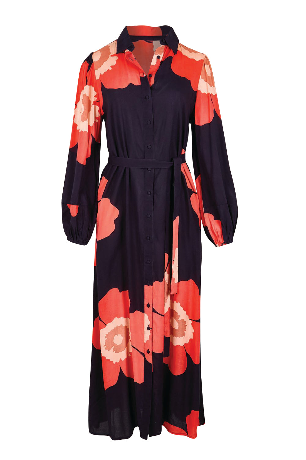 Product shot of the Lucy Maxi Shirt Dress – Boldflower in colour Boldflower, from the front