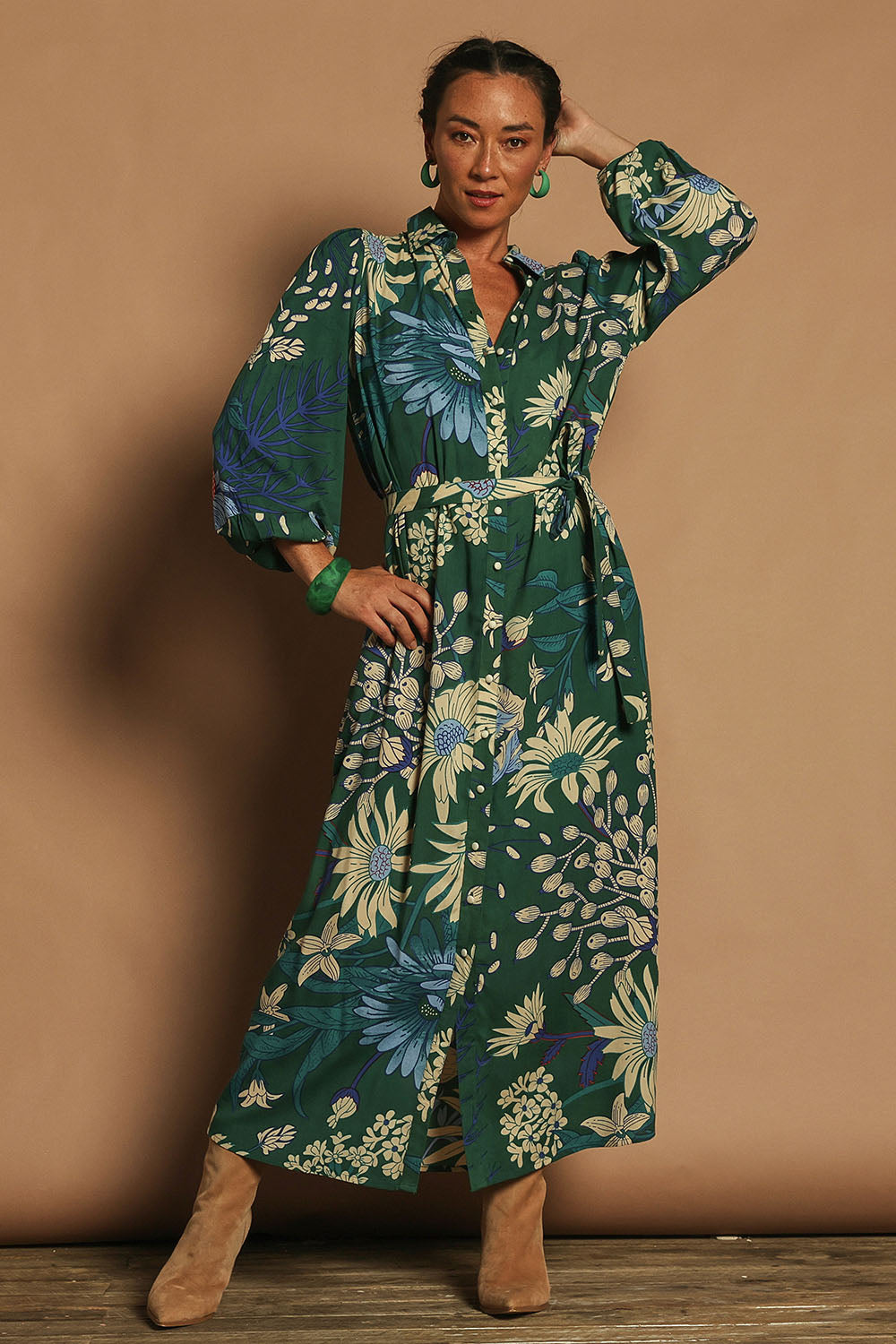 Model Katie wearing size 10 of the Lucy Maxi Shirt Dress in colour Darkgarden (Blue), from the front, showing the whole outfit