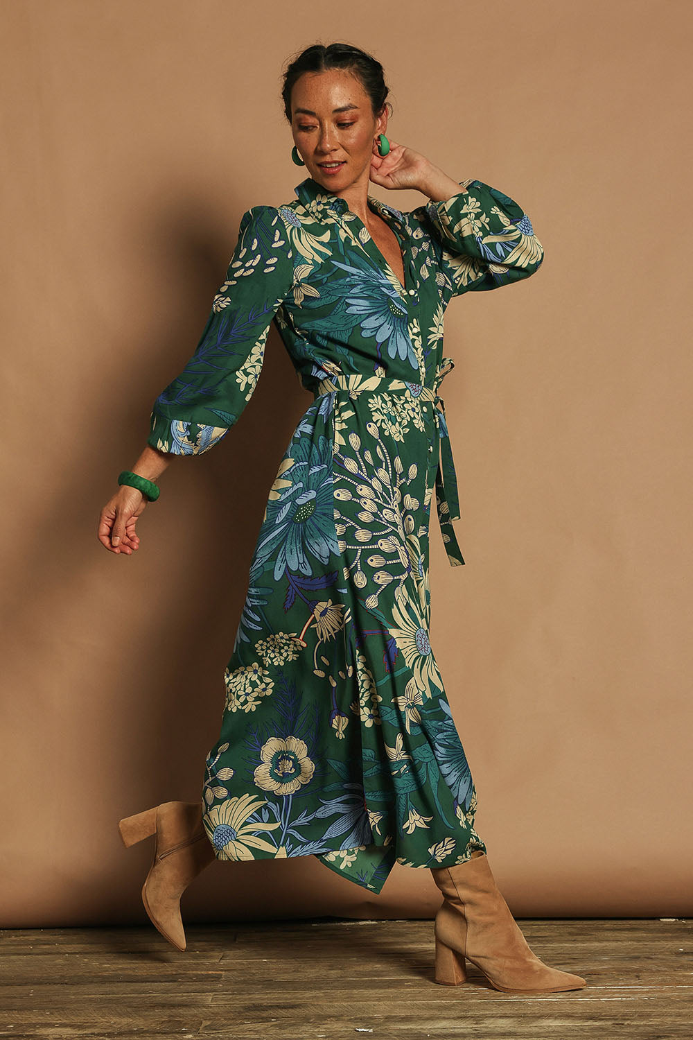 Model Katie wearing size 10 of the Lucy Maxi Shirt Dress in colour Darkgarden (Blue), from the front, showing the whole outfit