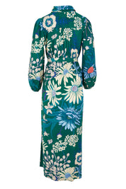 Product shot of the Lucy Maxi Shirt Dress in colour Darkgarden (Blue), from the back