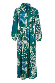 Product shot of the Lucy Maxi Shirt Dress in colour Darkgarden (Blue), from the front
