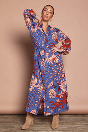 Model Katie wearing size 10 of the Lucy Maxi Shirt Dress in colour Gardenblue (Blue), from the front, showing the whole outfit