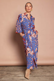 Model Katie wearing size 10 of the Lucy Maxi Shirt Dress in colour Gardenblue (Blue), from the front, showing the whole outfit