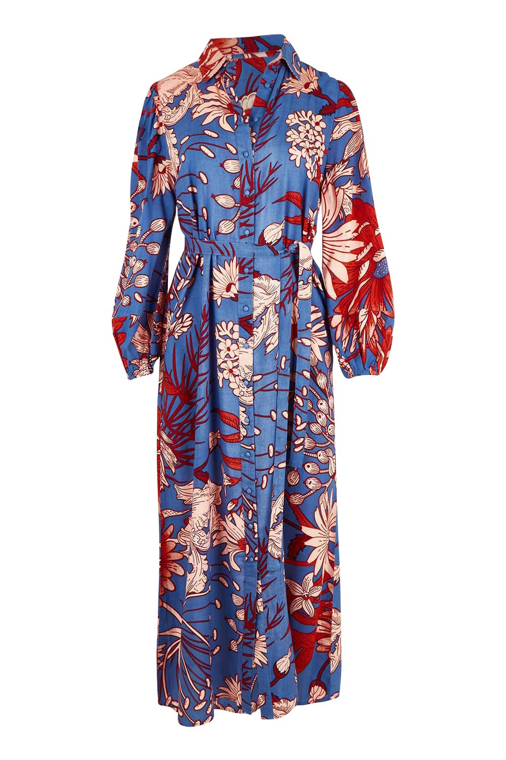 Product shot of the Lucy Maxi Shirt Dress in colour Gardenblue (Blue), from the front