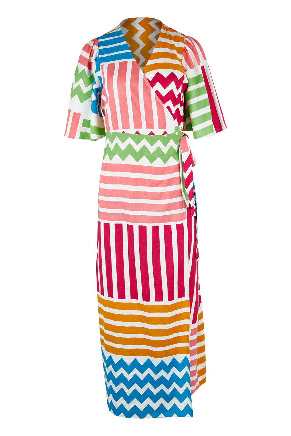 Product shot of the Ginerva Wrap Dress in colour Patchwork (White), from the front