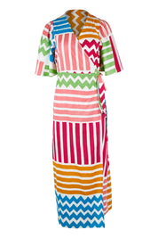 Product shot of the Ginerva Wrap Dress in colour Patchwork (White), from the front