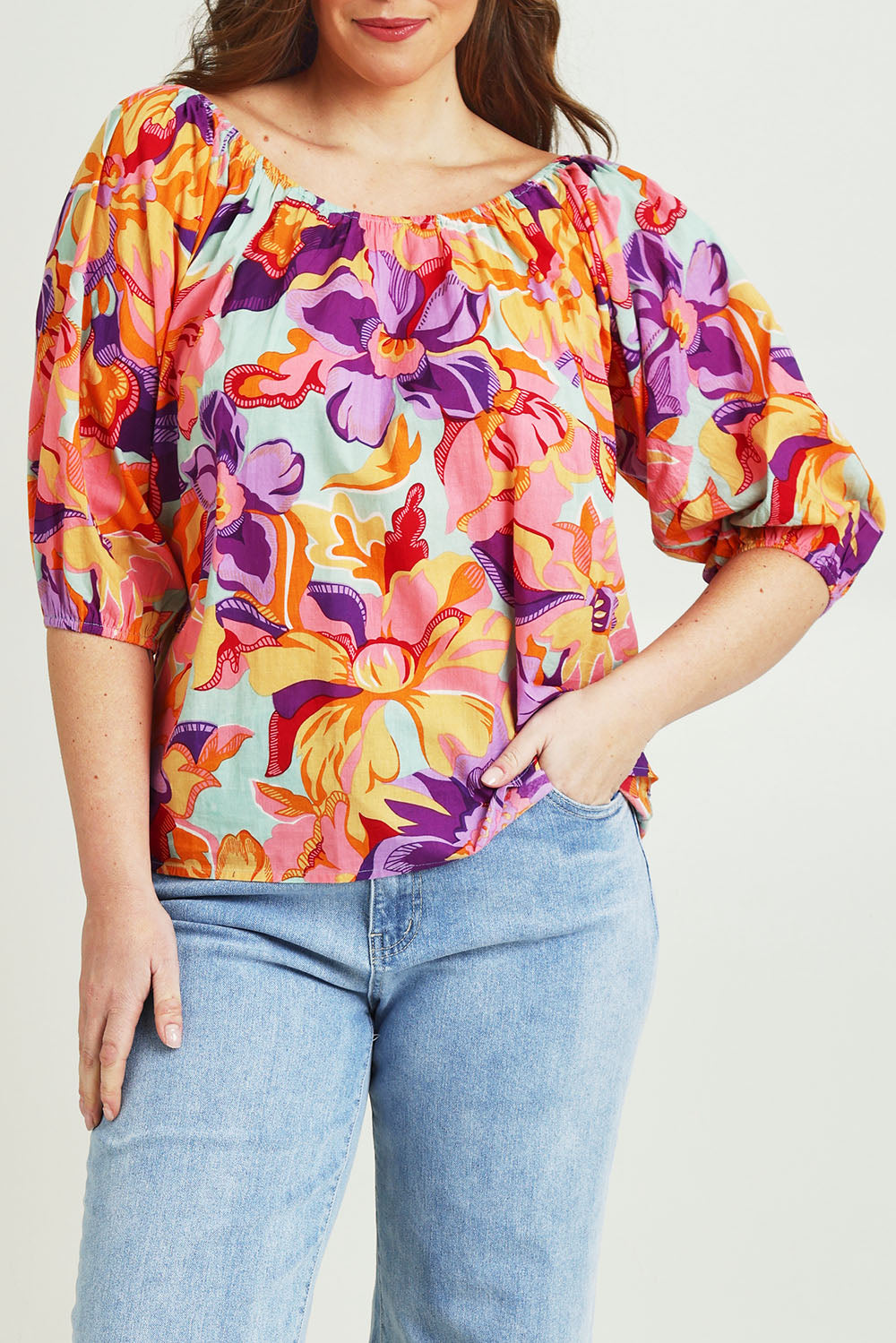 Model Jane wearing size 14 of the Sofia Cotton Top in colour Botanical, from the front, cropped image
