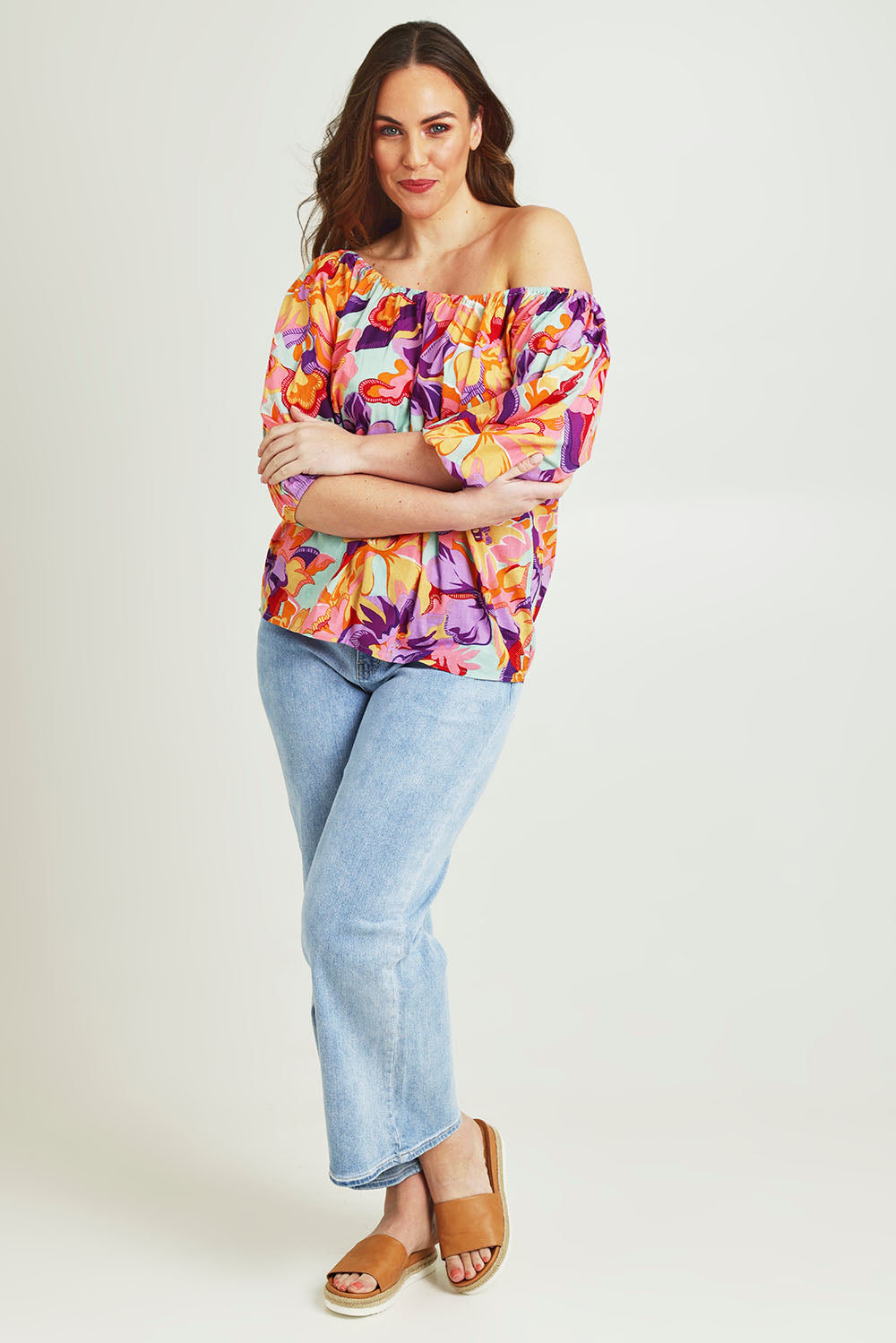 Model Jane wearing size 14 of the Sofia Cotton Top in colour Botanical, from the front, showing the whole outfit