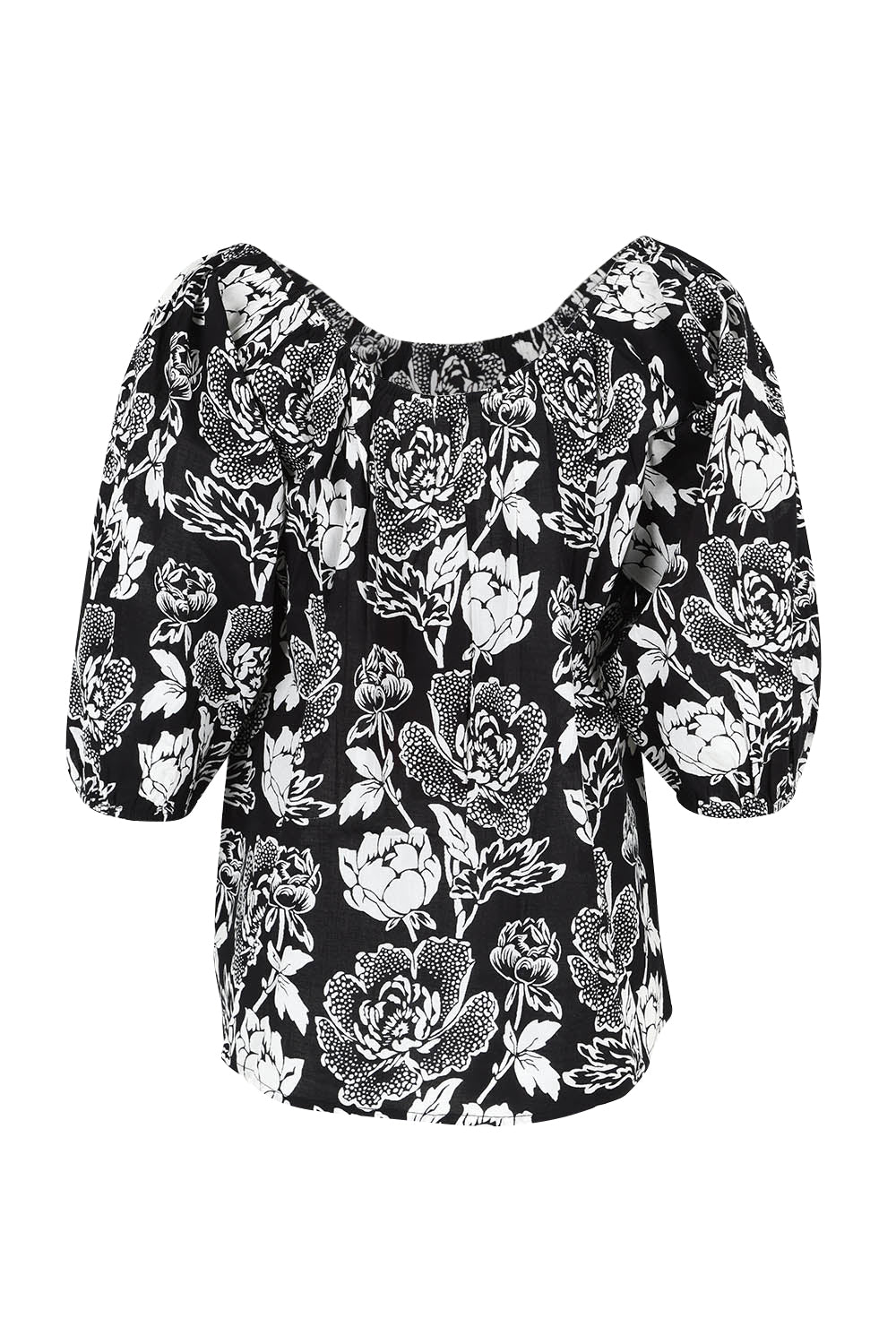 Product shot of the Sofia Cotton Top in colour Wildflower (Black), from the back