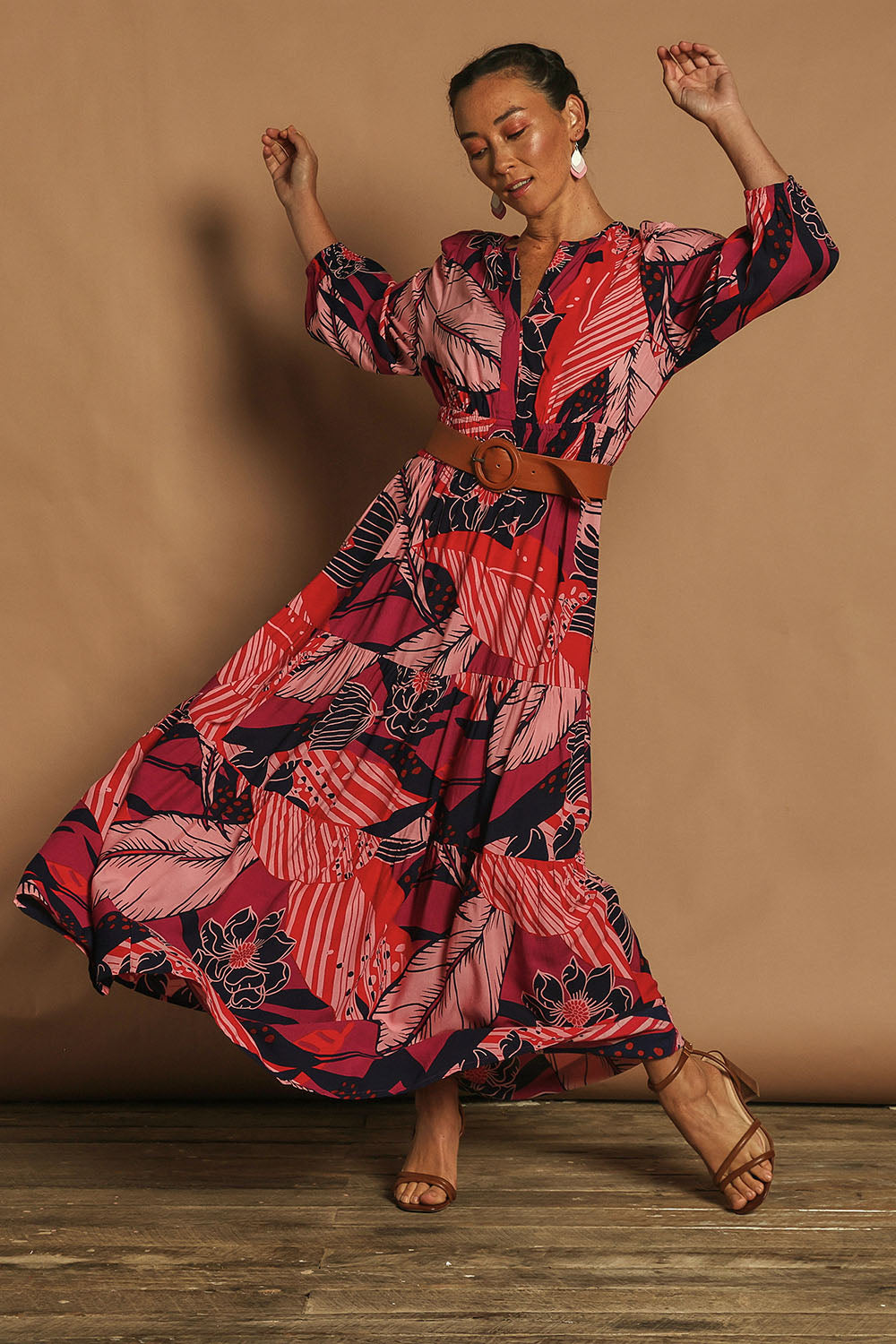 Model Katie wearing size 10 of the Gabbie Maxi Dress in colour Floral, from the front, showing the whole outfit