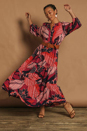 Model Katie wearing size 10 of the Gabbie Maxi Dress in colour Floral, from the front, showing the whole outfit