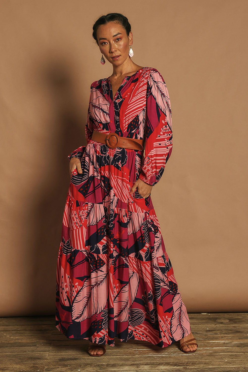 Model Katie wearing size 10 of the Gabbie Maxi Dress in colour Floral, from the front, showing the whole outfit