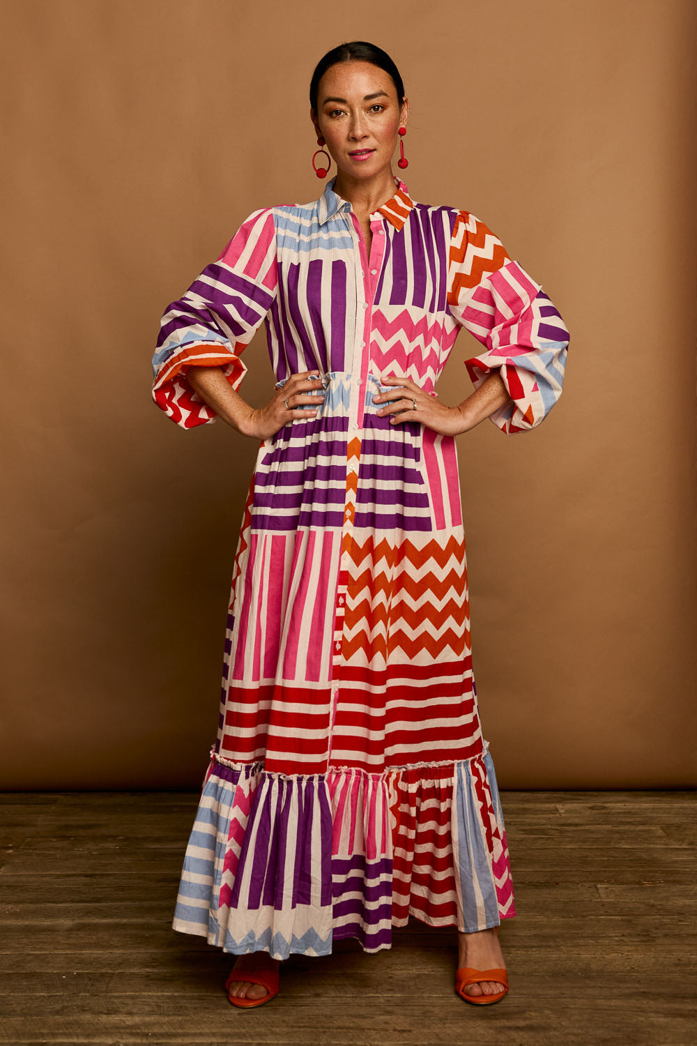 Model Katie wearing size 10 of the Nikki Cotton Maxi Dress in colour Patchwork, from the front, showing the whole outfit