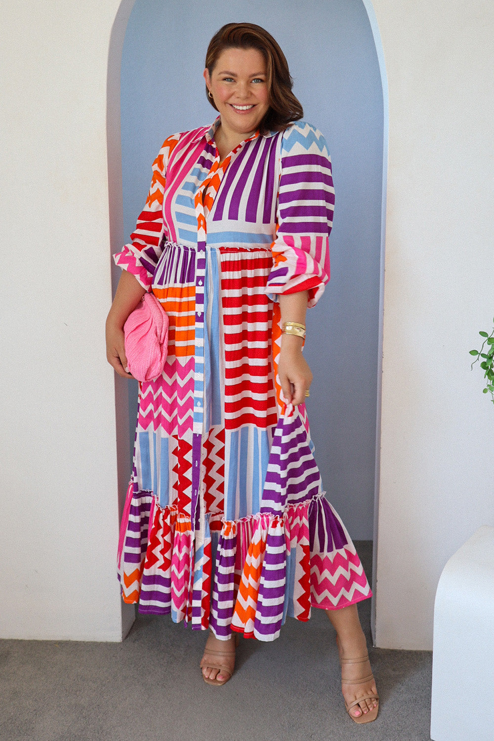 Model Stacey wearing size 14 of the Nikki Cotton Maxi Dress in colour Patchwork, from the front, showing the whole outfit