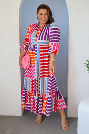 Model Stacey wearing size 14 of the Nikki Cotton Maxi Dress in colour Patchwork, from the front, showing the whole outfit