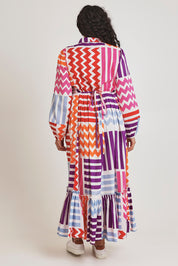Model Terri-Leigh wearing size 14 of the Nikki Cotton Maxi Dress in colour Patchwork, from the back