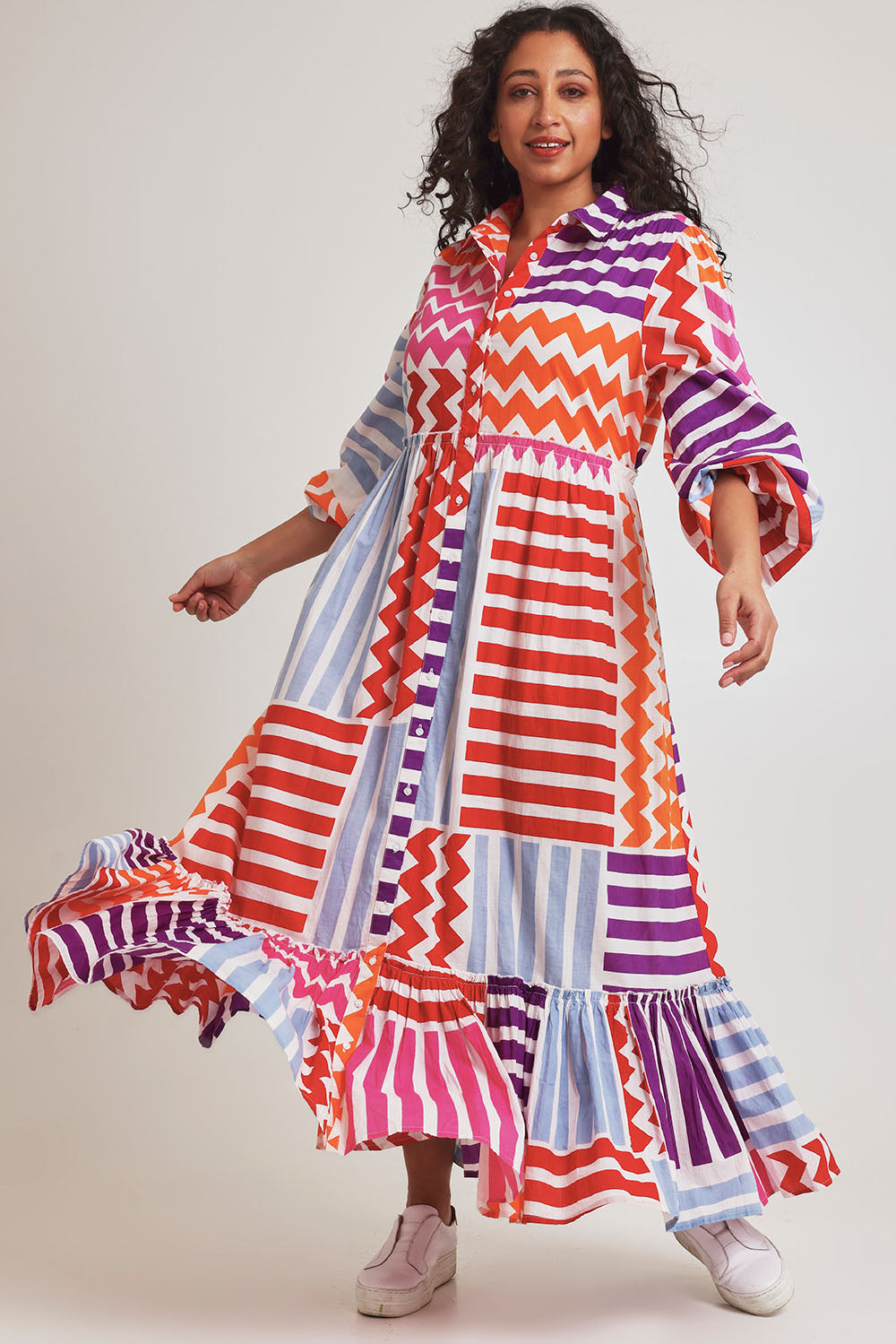 Model Terri-Leigh wearing size 14 of the Nikki Cotton Maxi Dress in colour Patchwork, from the front, showing the whole outfit