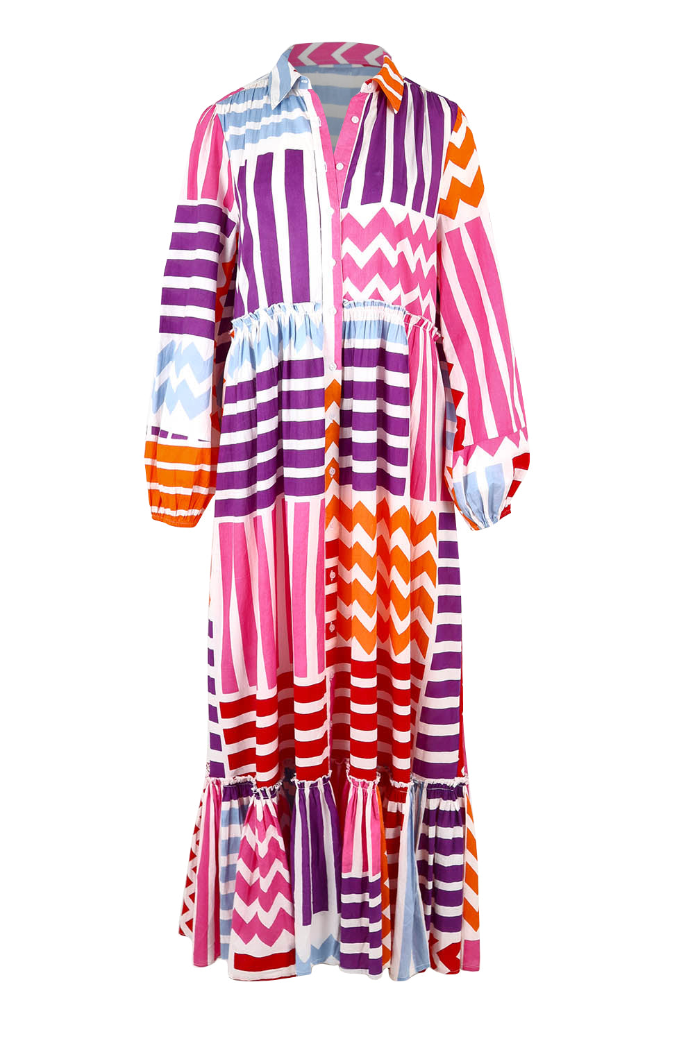 Product shot of the Nikki Cotton Maxi Dress in colour Patchwork, from the front