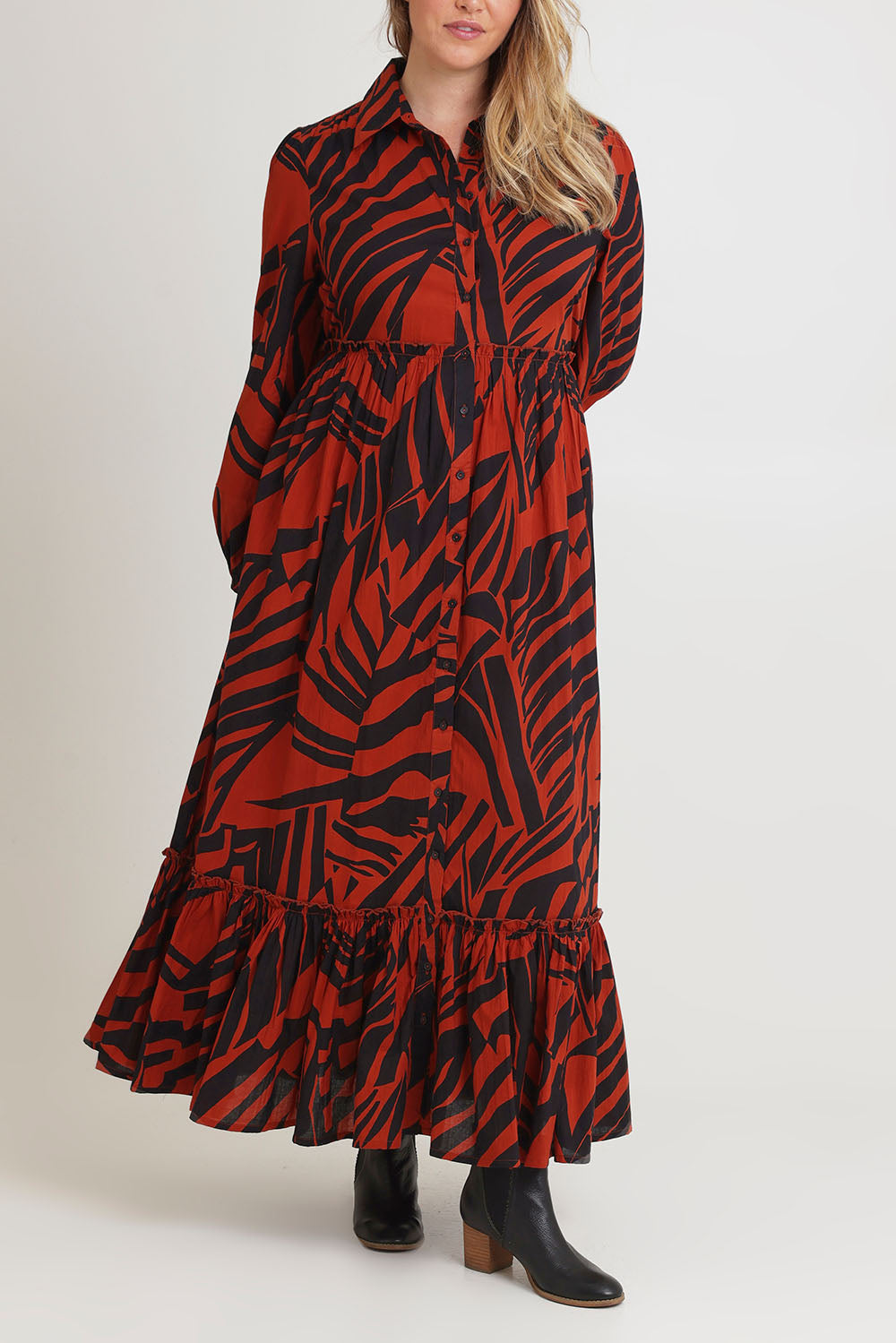 Model Chanel wearing size 16 of the Nikki Cotton Maxi Dress in colour Tigerleaf, from the front, cropped image