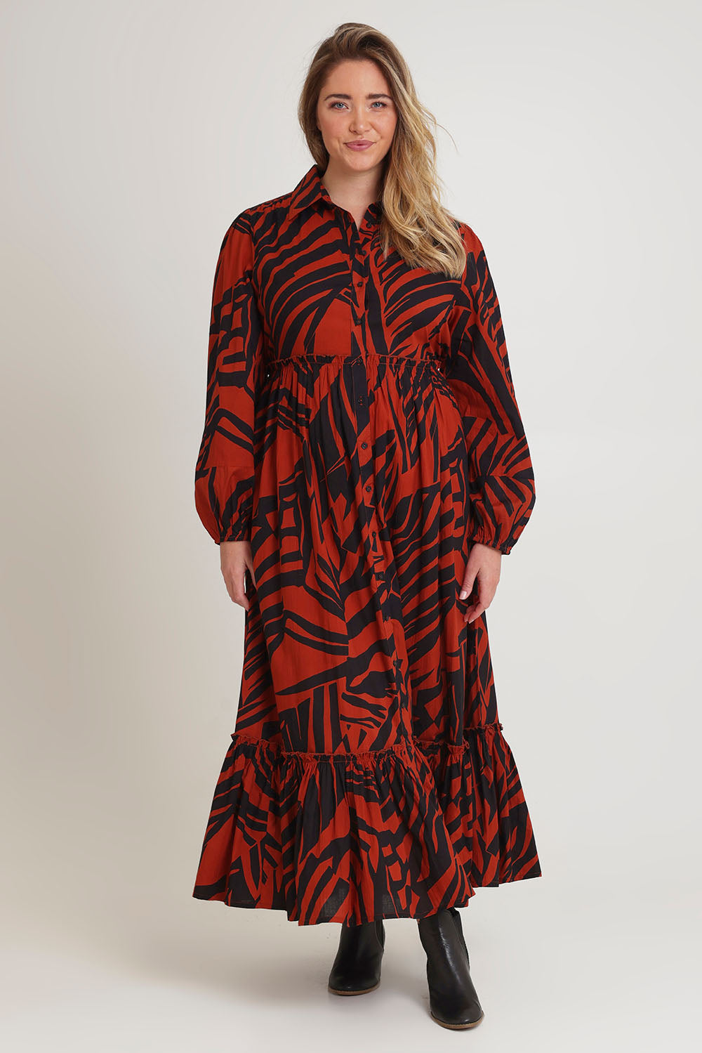 Model Chanel wearing size 16 of the Nikki Cotton Maxi Dress in colour Tigerleaf, from the front, showing the whole outfit