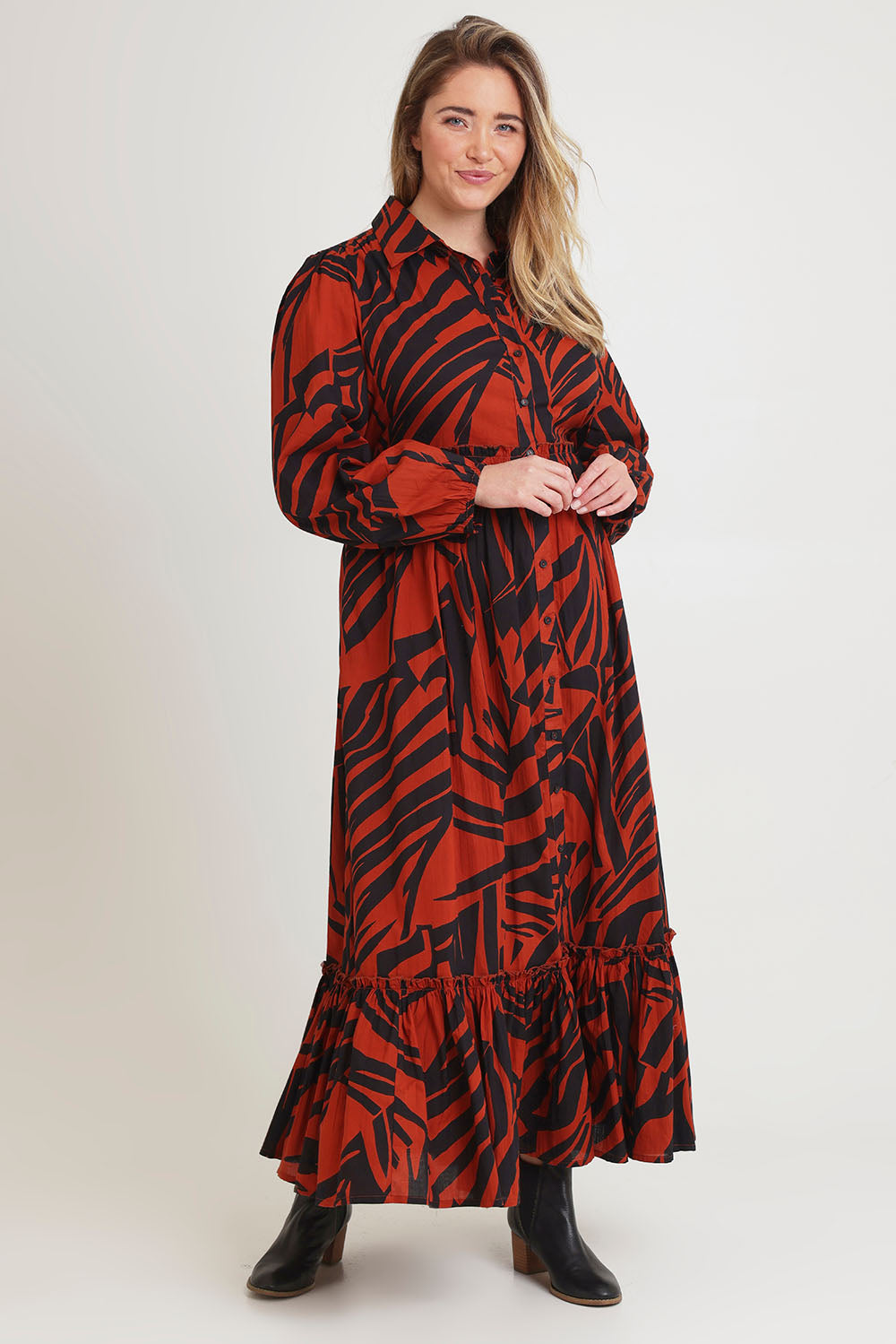 Model Chanel wearing size 16 of the Nikki Cotton Maxi Dress in colour Tigerleaf, from the front, showing the whole outfit