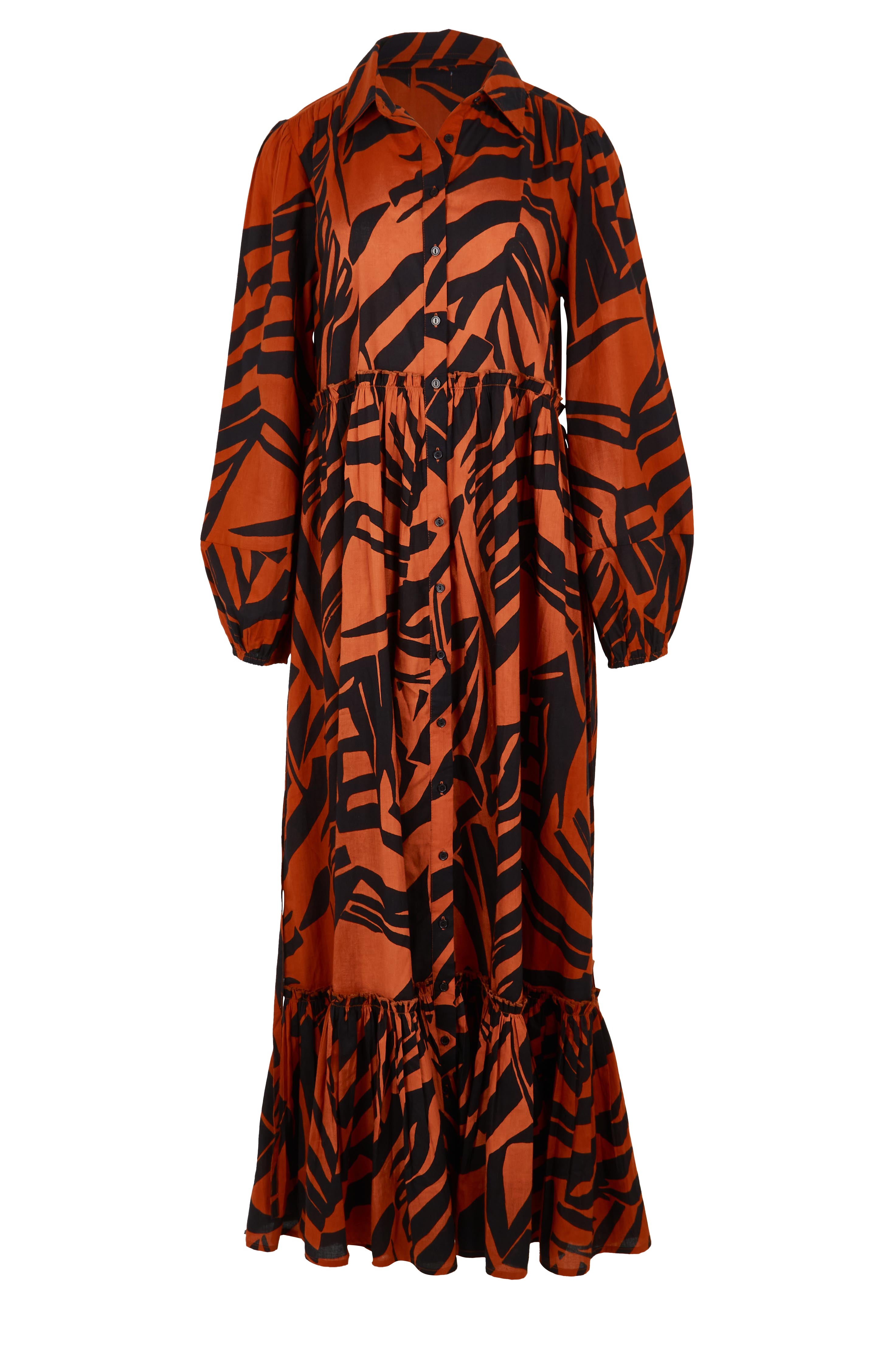Product shot of the Nikki Cotton Maxi Dress in colour Tigerleaf, from the front