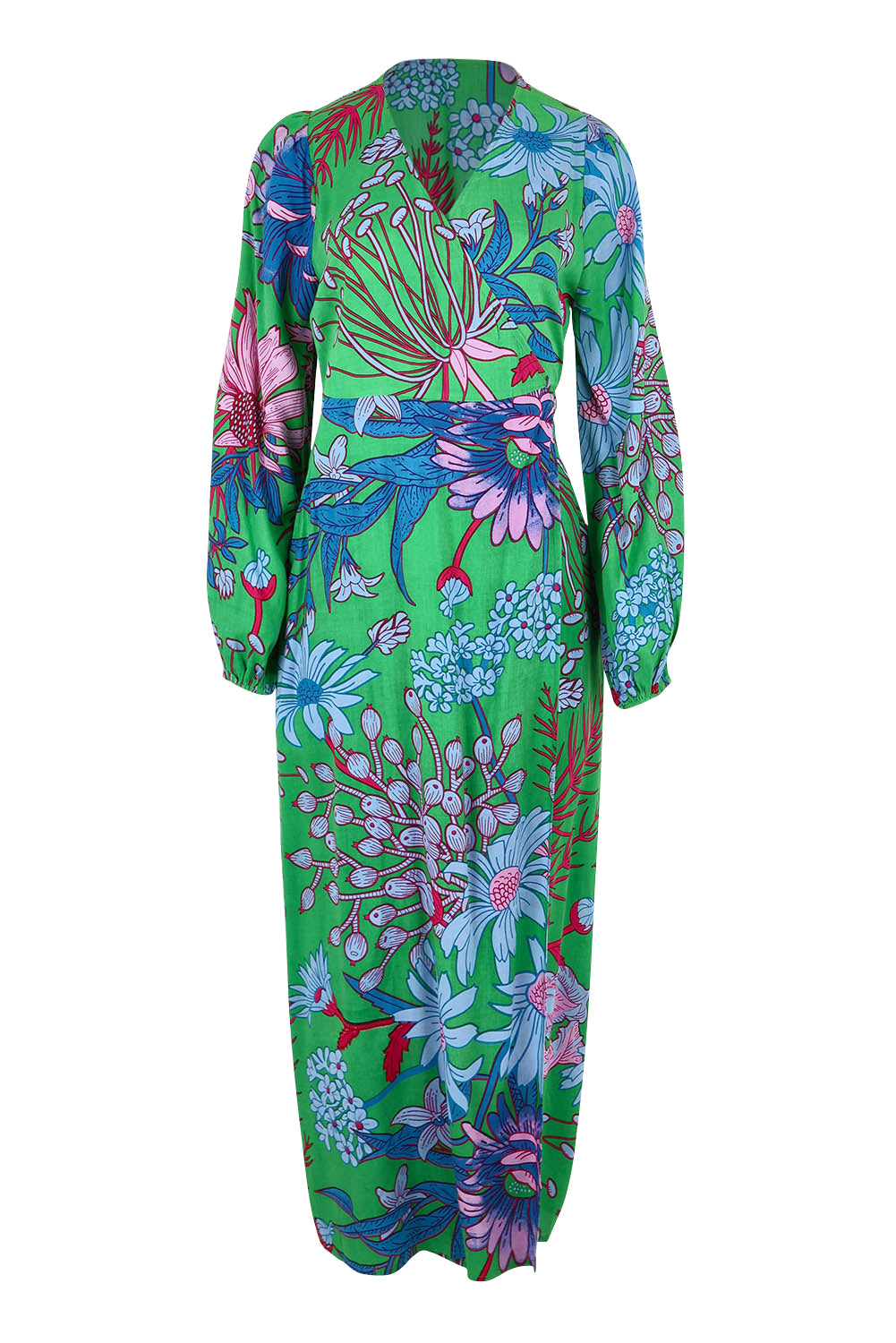 Product shot of the Daphne Wrap Dress in colour Greengard, from the front