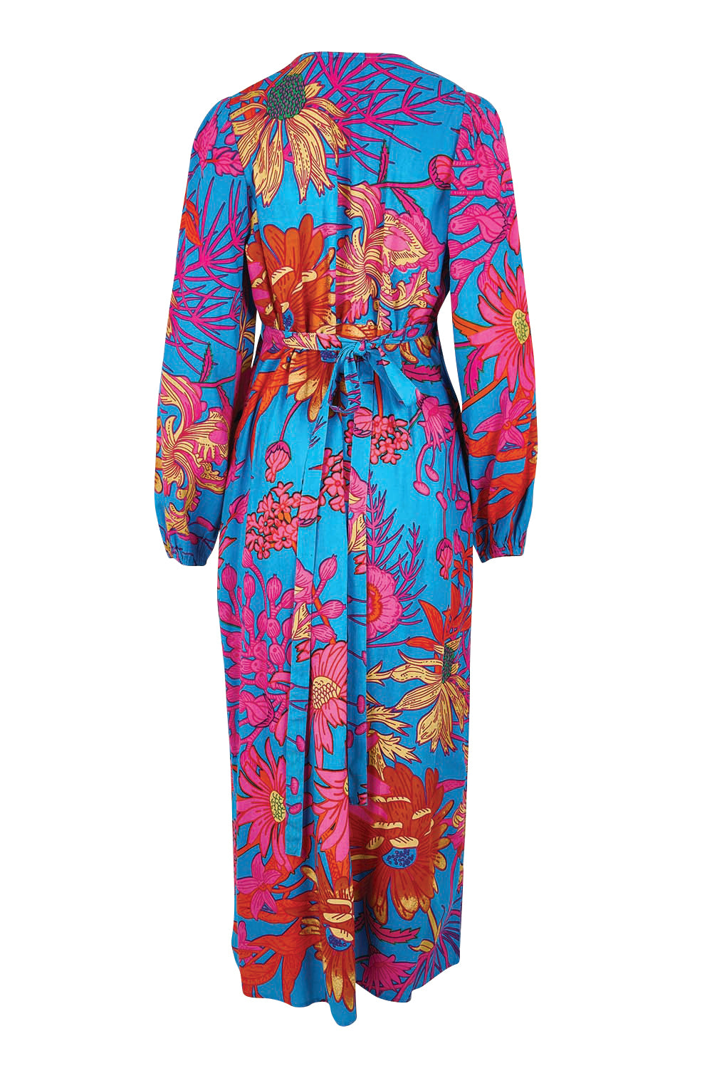 Product shot of the Daphne Maxi Wrap Dress – Bluegarden in colour Bluegarden, from the back