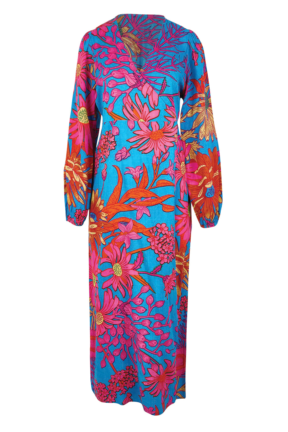 Product shot of the Daphne Maxi Wrap Dress – Bluegarden in colour Bluegarden, from the front