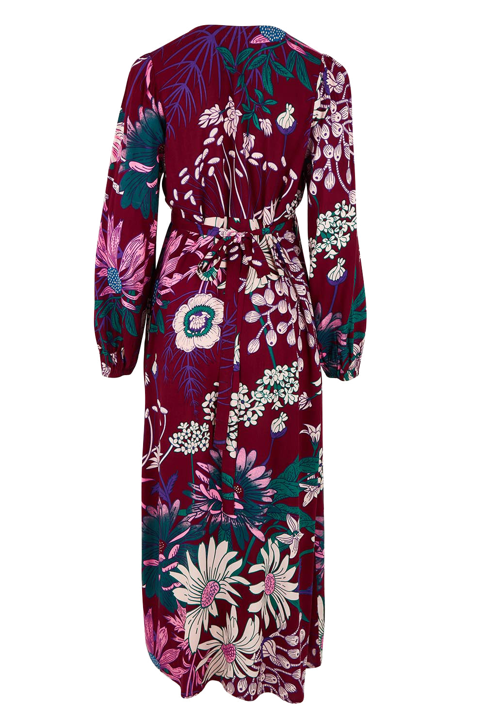 Product shot of the Daphne Maxi Wrap Dress in colour Garden, from the back